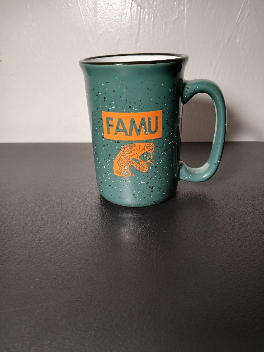 FAMU Green Speckled Ceramic Mug with Orange Logo